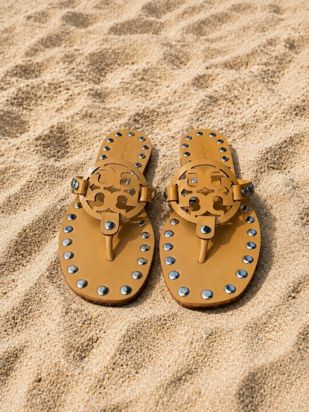 EUC Tory Burch Miller Studded Leather Flat Sandals in Cantucci/Silver